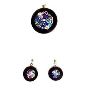 Vintage Murano Black Millefiori Glass Pendant & Earrings Set In Gold-Tone Finish